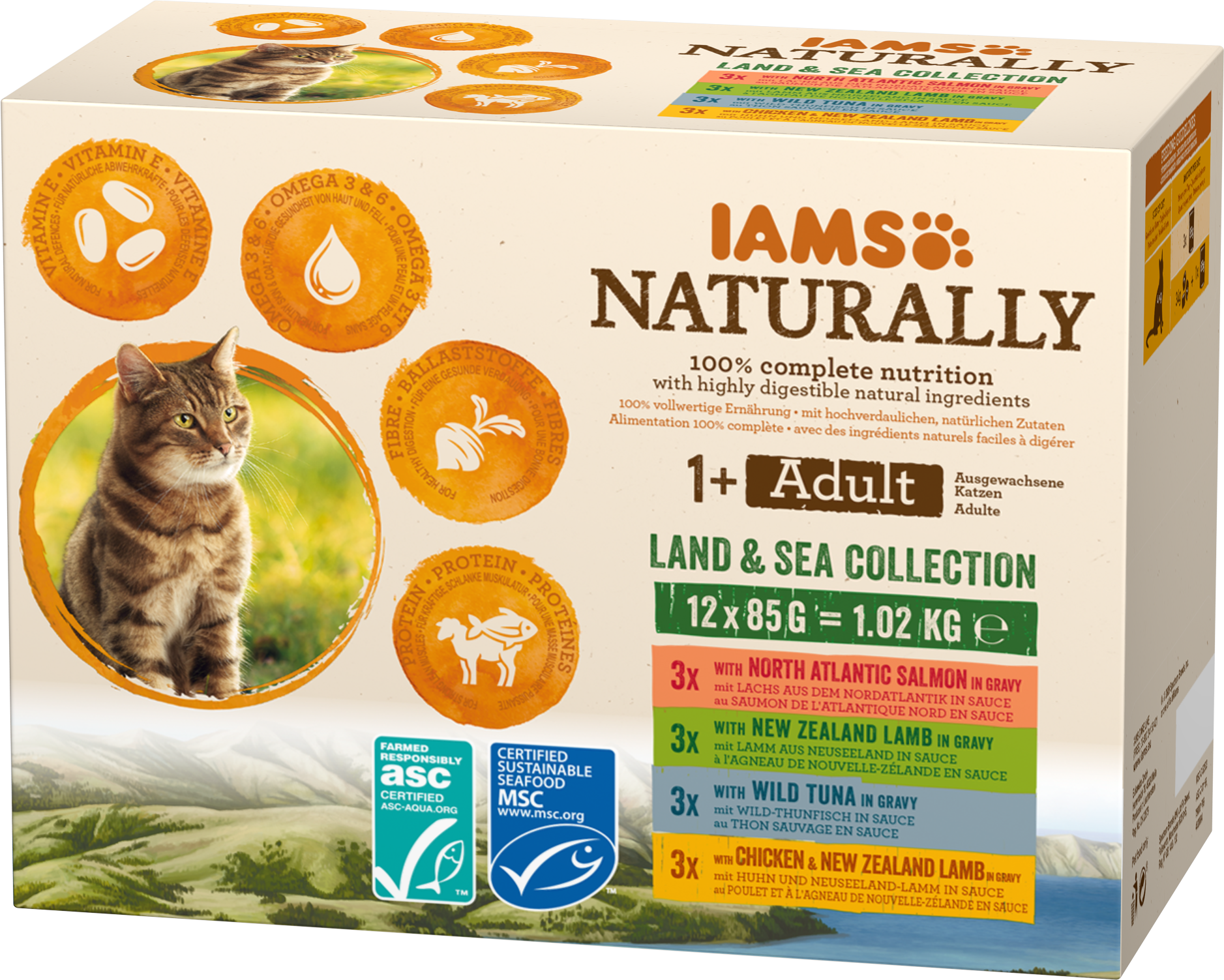 Iams Cat Naturally Land & Sea 85 g x 12 påsar - Våtfoder Katt
