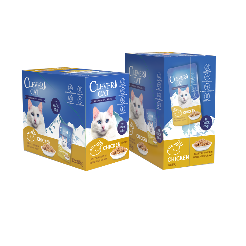 Clever Cat Våtfoder katt  12-pack – Kyckling i sås.  spannmål och tillverkat med naturliga och näringsrika ingredienser.

