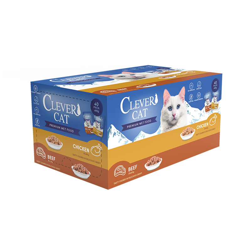 Clever Cat Pouches 40-pack mixed flavors - Spannmålsfritt Våtfoder för katter med blandade smaker av nötkött & kyckling